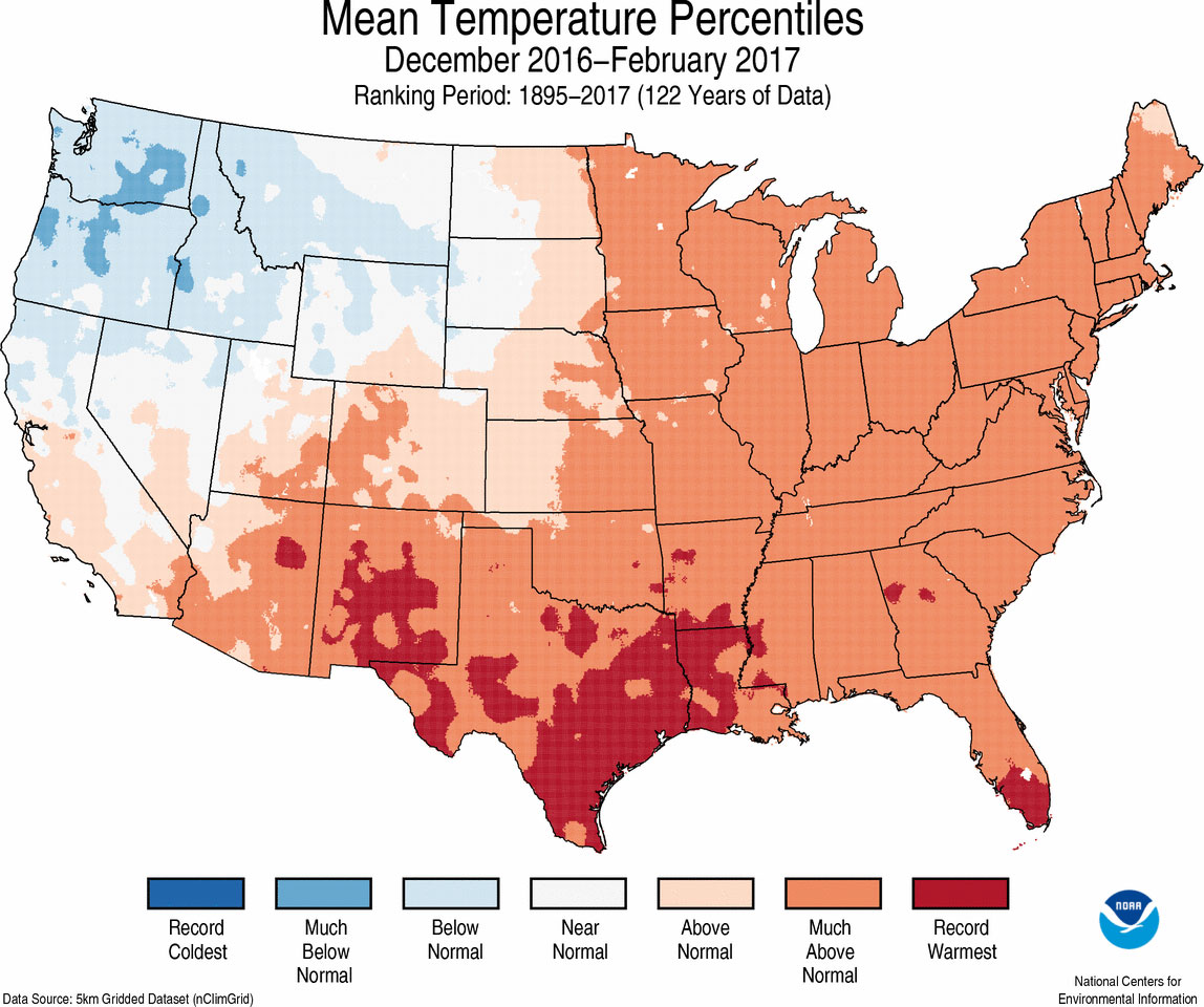Map of December 2016 to February 2017 U.S. average temperature percentiles