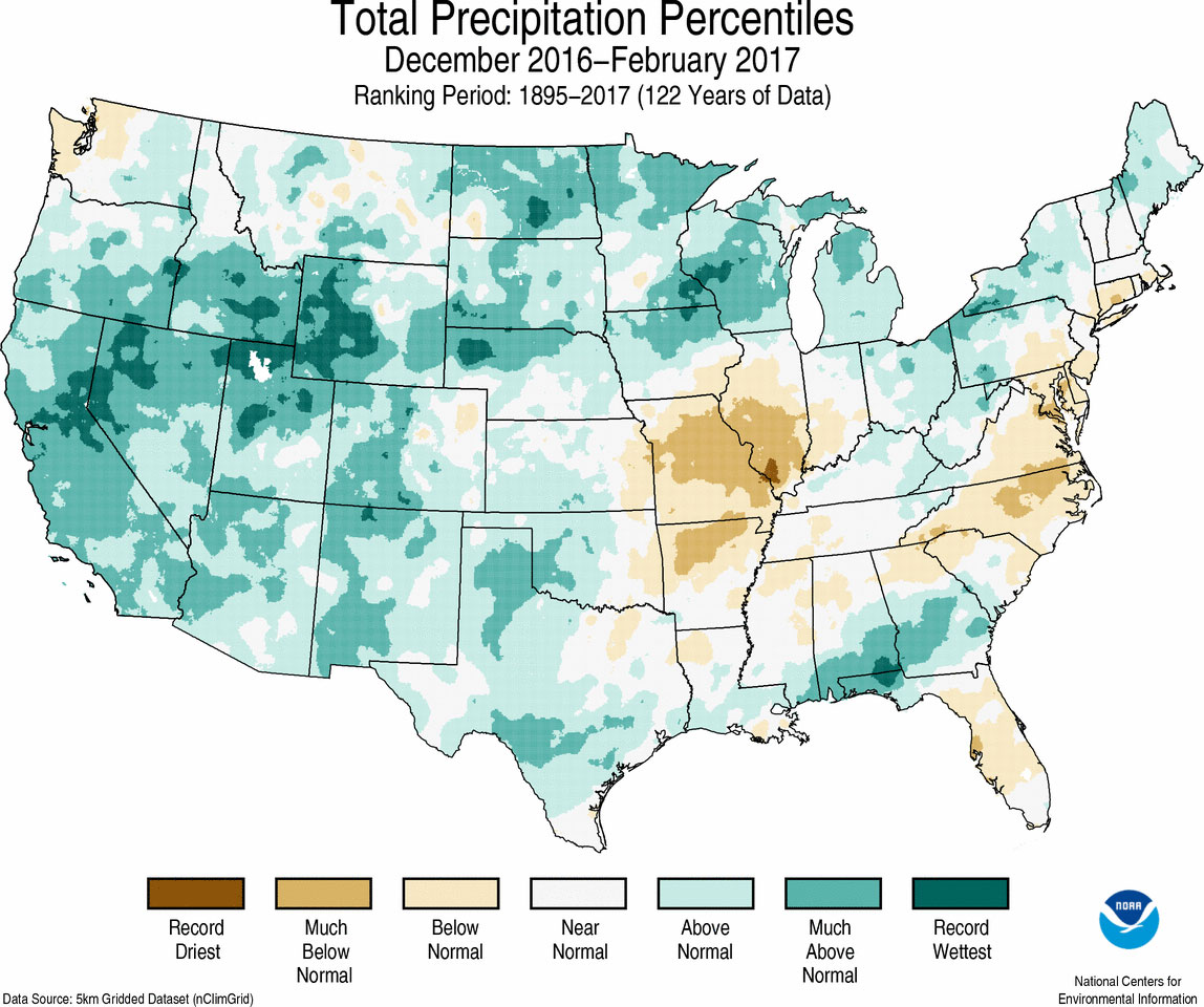 Map of December 2016 to February 2017 U.S. total precipitation percentiles