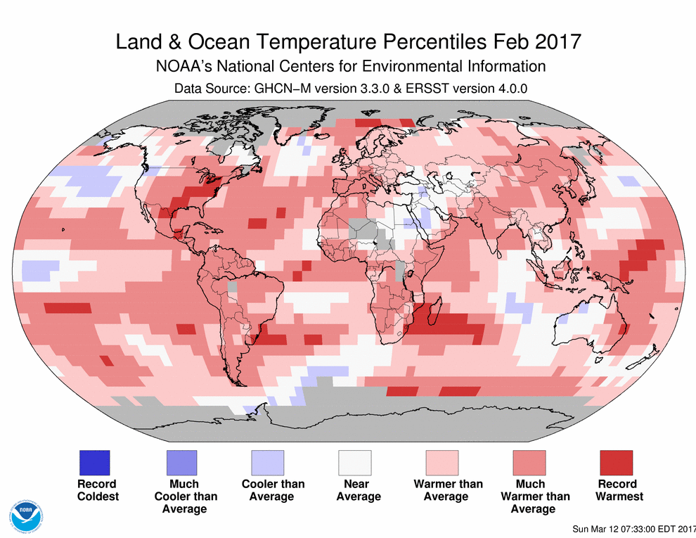 Map of global temperature percentiles for February 2017
