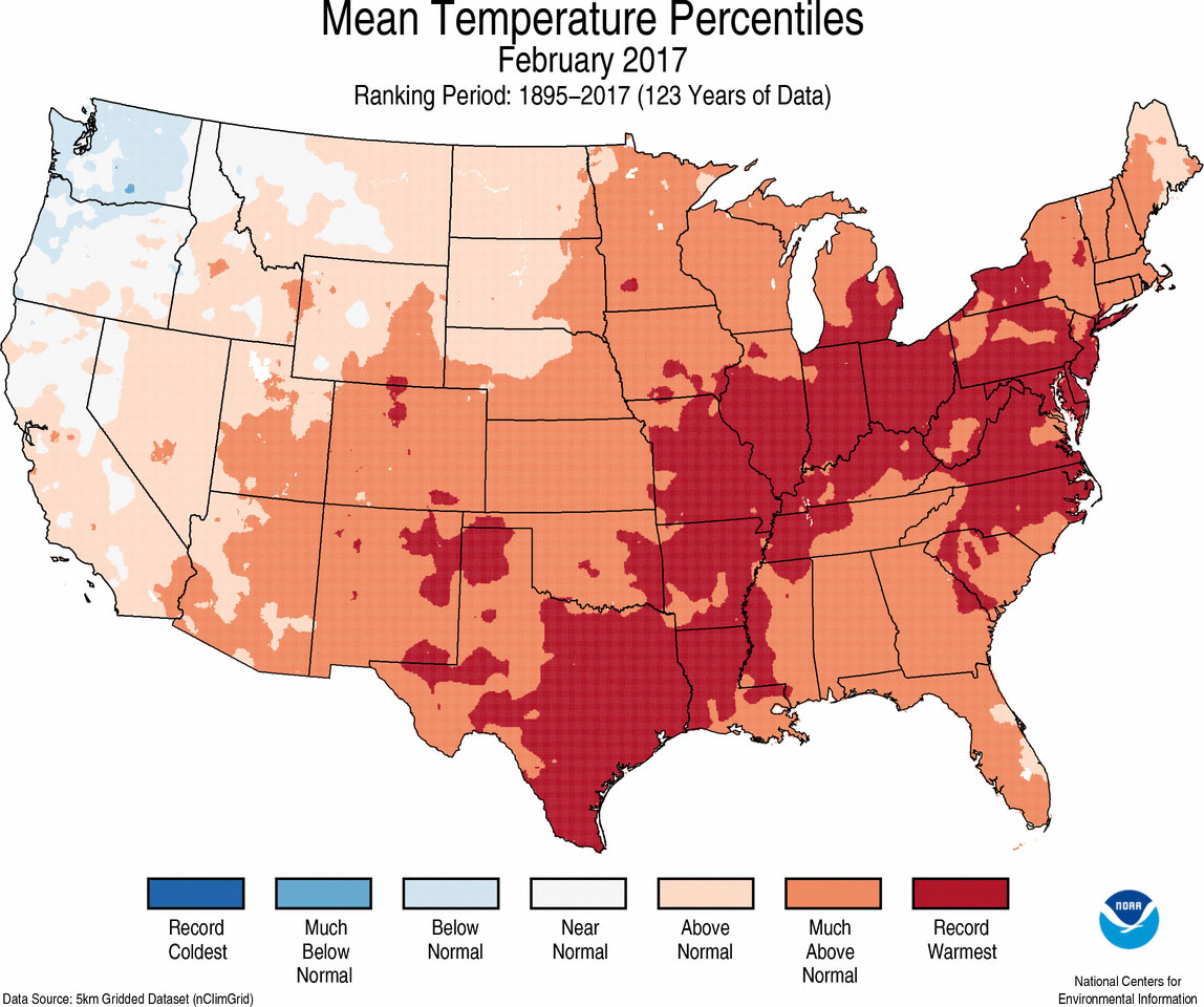 Map of February 2017 U.S. average temperature percentiles