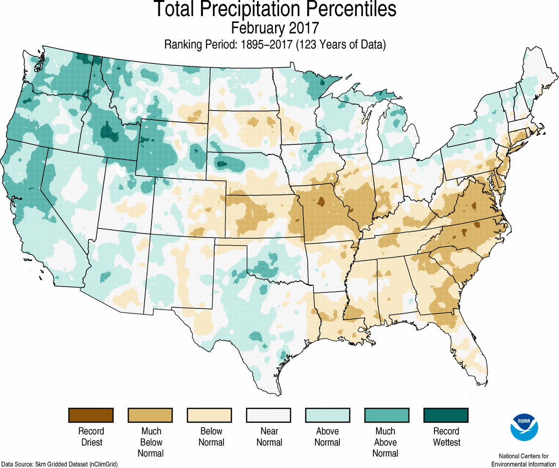 Map of February 2017 U.S. total precipitation percentiles