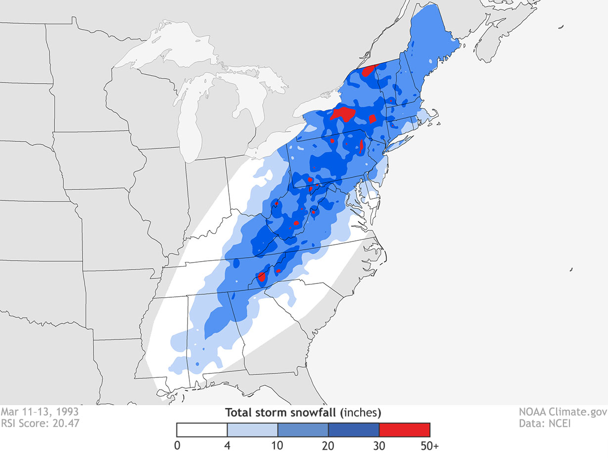 Map of snowfall totals between March 11 and 13 in 1993