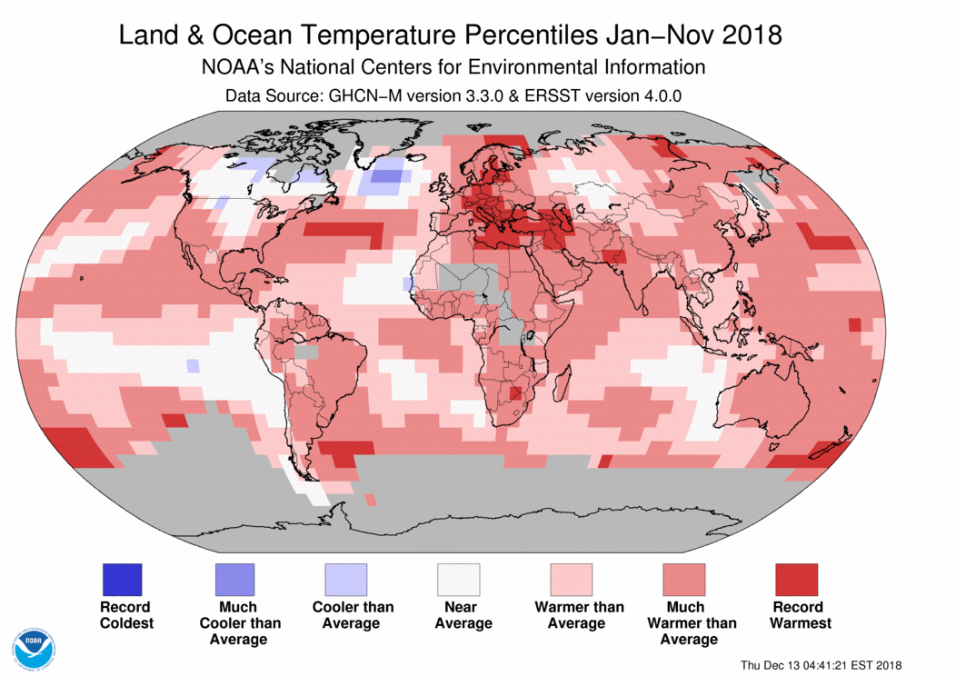 Map of global temperature percentiles for January to November 2018