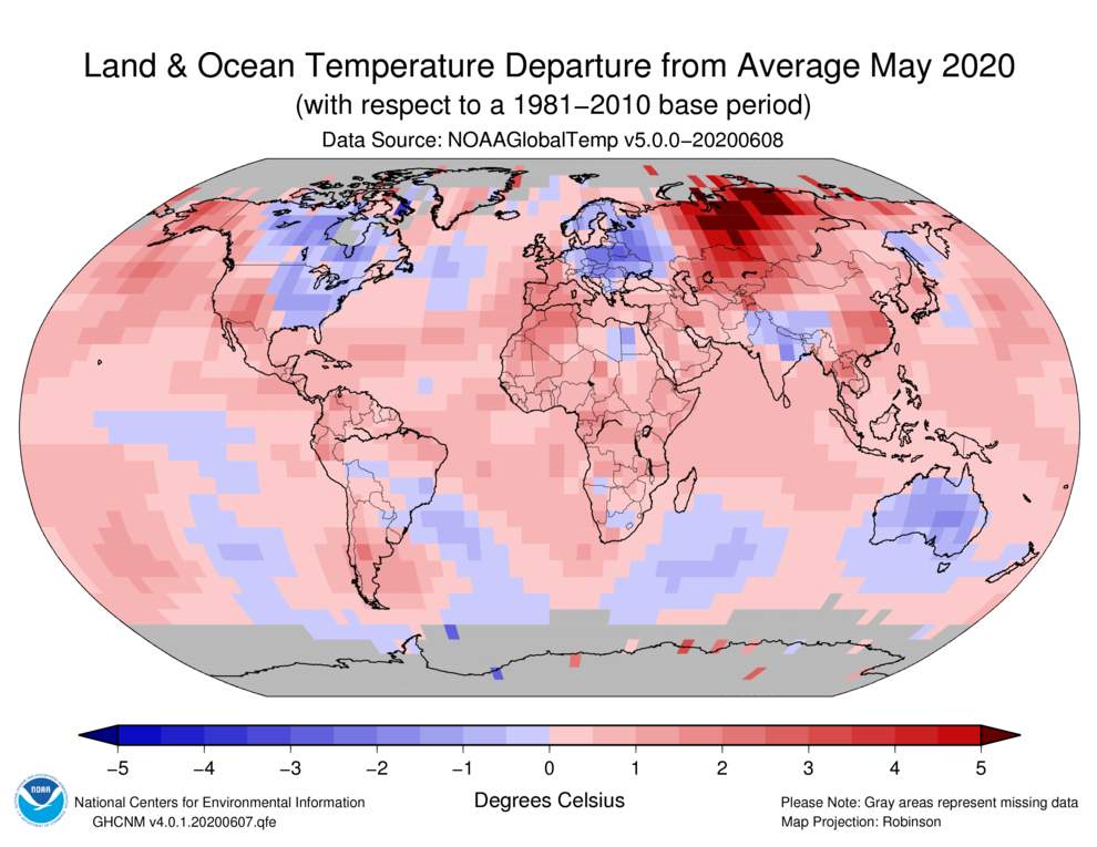 May 2020 Global Temperature Departures from Average Map