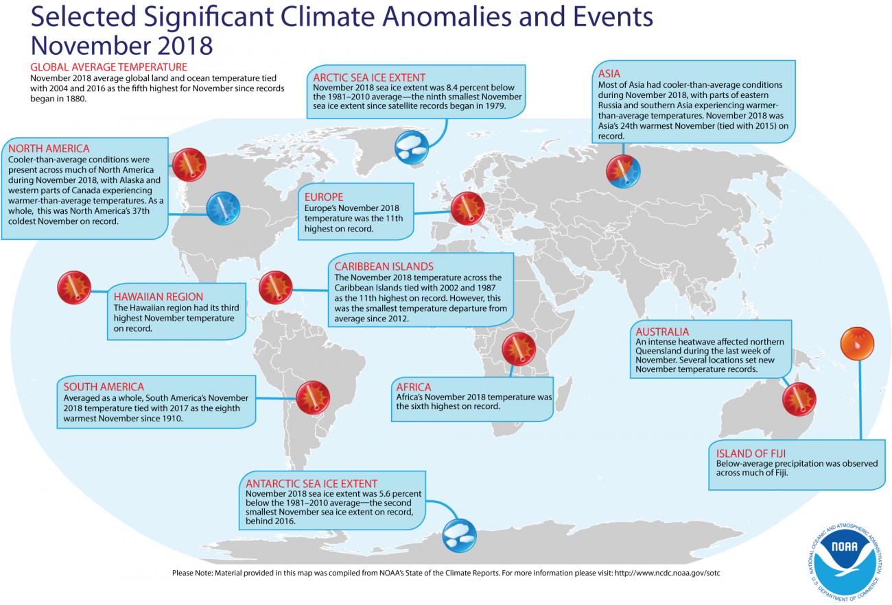 Map of global selected significant climate anomalies and events for November 2018