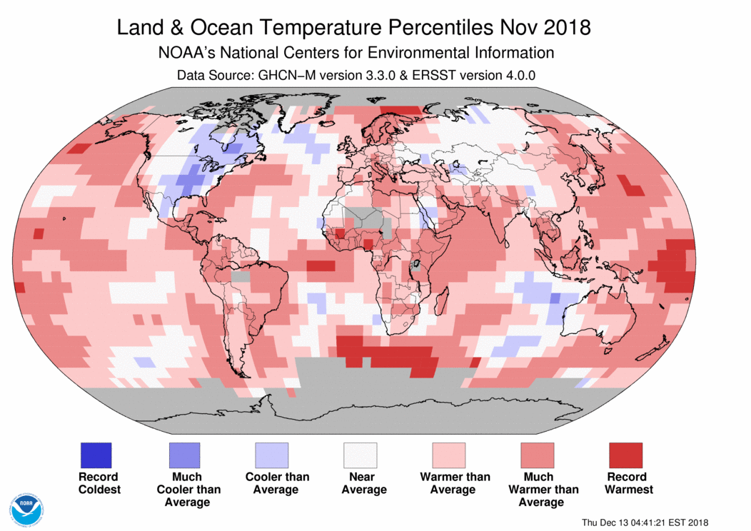 Map of global temperature percentiles for November 2018