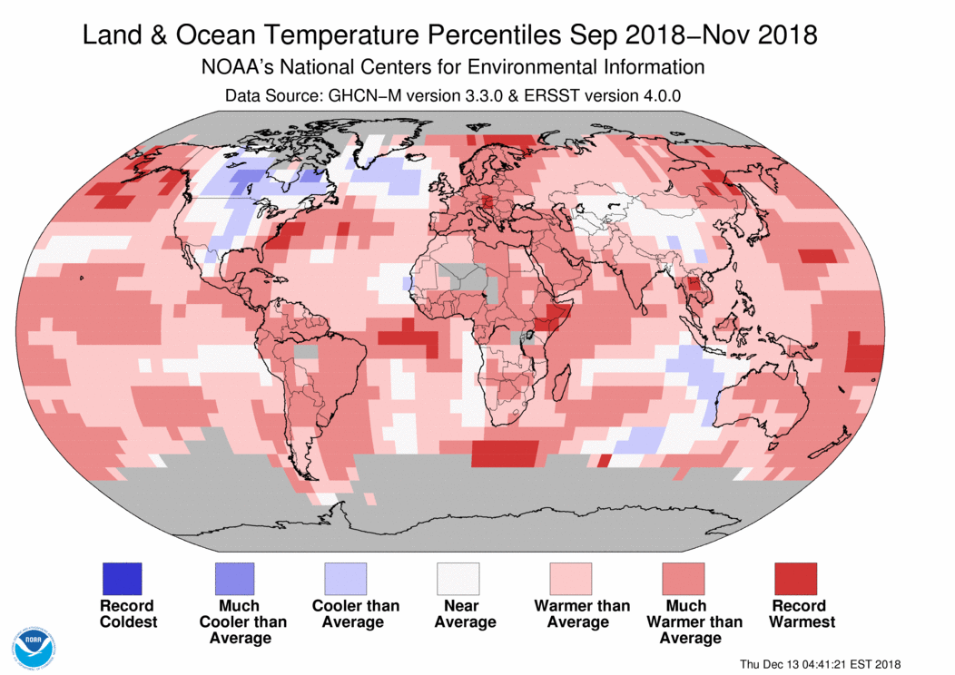 Map of global temperature percentiles for September to November 2018