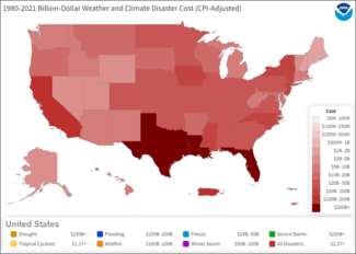 U.S. map showing total costs by state of billion-dollar disasters from 1980-2021.