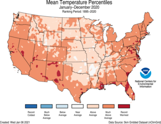 2020 Annual US Average Temperature Percentiles Map