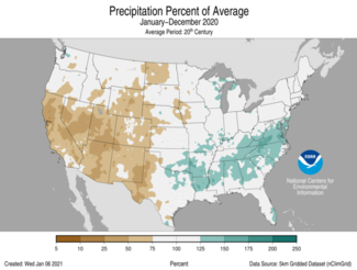 2020 Annual US Precipitation Percent of Average Map
