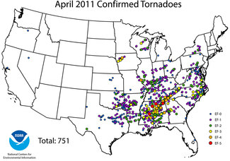 Graphic of confirmed tornadoes during April 2011 super outbreak in U.S. South and Midwest
