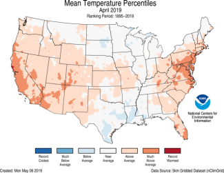 Map of April 2019 U.S. average temperature percentiles