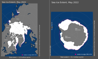 Map of Arctic and Antarctic and surrounding ocean showing sea ice extent in white for May 2022.