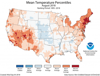 Map of August 2018 U.S. average temperature percentiles
