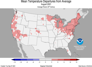 August 2021 US Mean Temperature Departures from Average Map