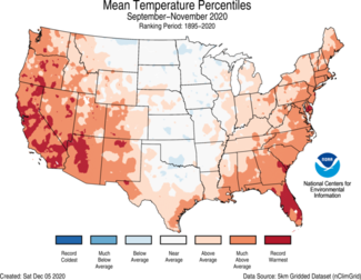 Autumn 2020 US Average Temperature Percentiles Map