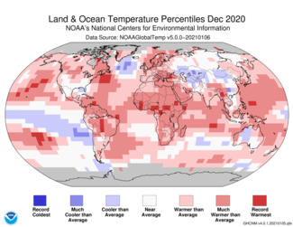 December 2020 Land and Ocean Temperature Percentiles Map