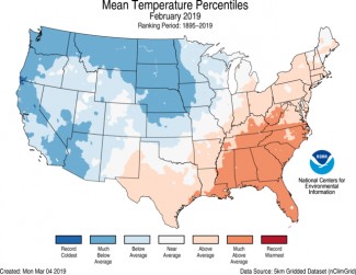 Map of February 2019 U.S. average temperature percentiles