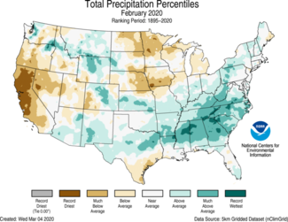 February 2020 U.S. Total Precipitation Percentiles Map
