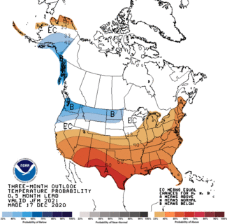 Map showing temperature outlook for January, February, March 2021