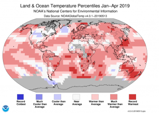 Map of global temperature percentiles for January–April 2019