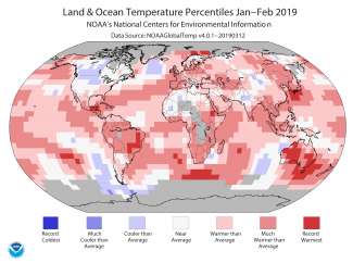 Map of global temperature percentiles for January-February 2019