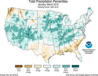  Map of U.S. total precipitation percentiles for January–March 2019