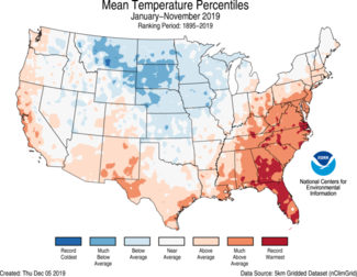 Jan-Nov US Average Temperature Percentiles Map