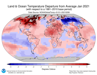 January 2021 Global Temperature Departures from Average Map