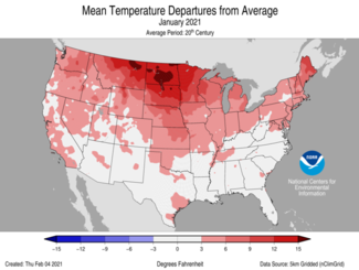 January 2021 U.S. Mean Temperature Departures from Average Map