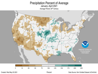 January-April 2021 US Precipitation Percent of Average Map