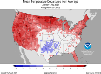 January-July 2021 US Mean Temperature Departures from Average