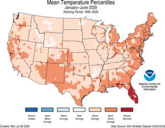 January-June 2020 US Average Temperature Percentiles Map