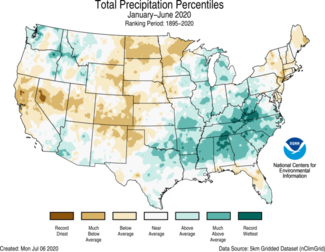 January-June 2020 US Total Precipitation Percentiles Map