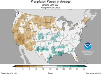 January-June 2021 US Precipitation Percent of Average Map