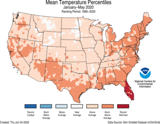 January-to-May 2020 US Average Temperature Percentiles Map