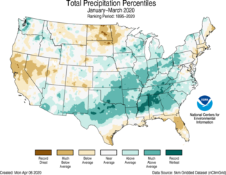 January-to-March 2020 U.S. Total Precipitation Percentiles Map