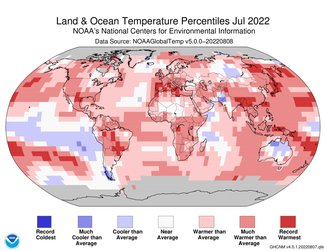 Map of the world showing land/ocean temperature percentiles for July 2022 with warmer areas in gradients of red and cooler areas in gradients of blue.