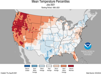 July 2021 US Average Temperature Percentiles Map