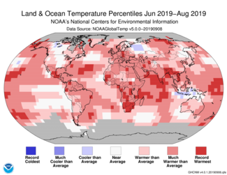 Map of seasonal temperature percentiles for June–August 2019