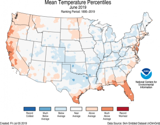 Map of June 2019 U.S. average temperature percentiles