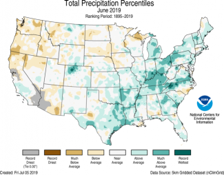Map of June 2019 U.S. total precipitation percentiles