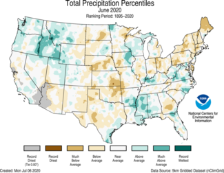 June 2020 US Total Precipitation Percentiles Map