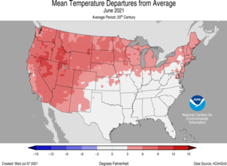 June 2021 US Mean Temperature Departures from Average Map