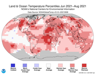 June-August 2021 Global Temperature Percentiles Map