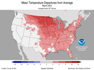 March 2021 US Mean Temperature Departures from Average Map
