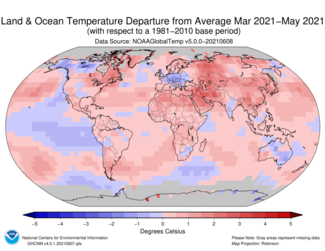 March to May 2021 Global Temperature Departure from Average Map