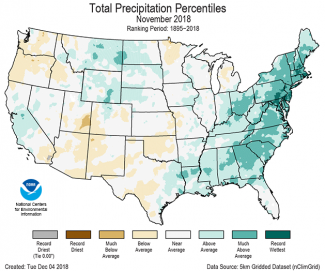Map of November 2018 U.S. total precipitation percentiles