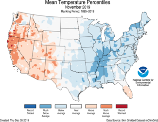November 2019 US Average Temperature Percentiles Map