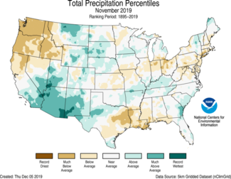 November 2019 US Total Precipitation Percentiles Map